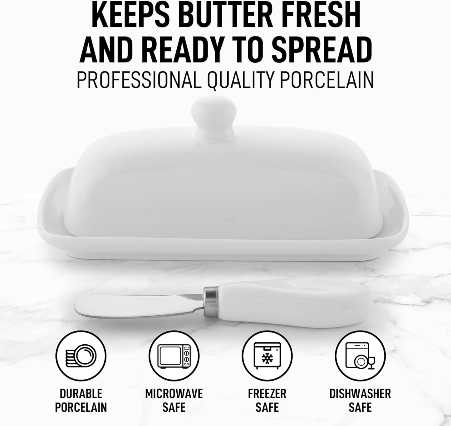 Zulay Kitchen Butter Dish With Lid For Countertop - Porcelain White, Ceramic Butter Dish with Knob Handle Great for Cooking - Elegant Design Butter Holder - Durable & Sturdy Butter Keeper - White