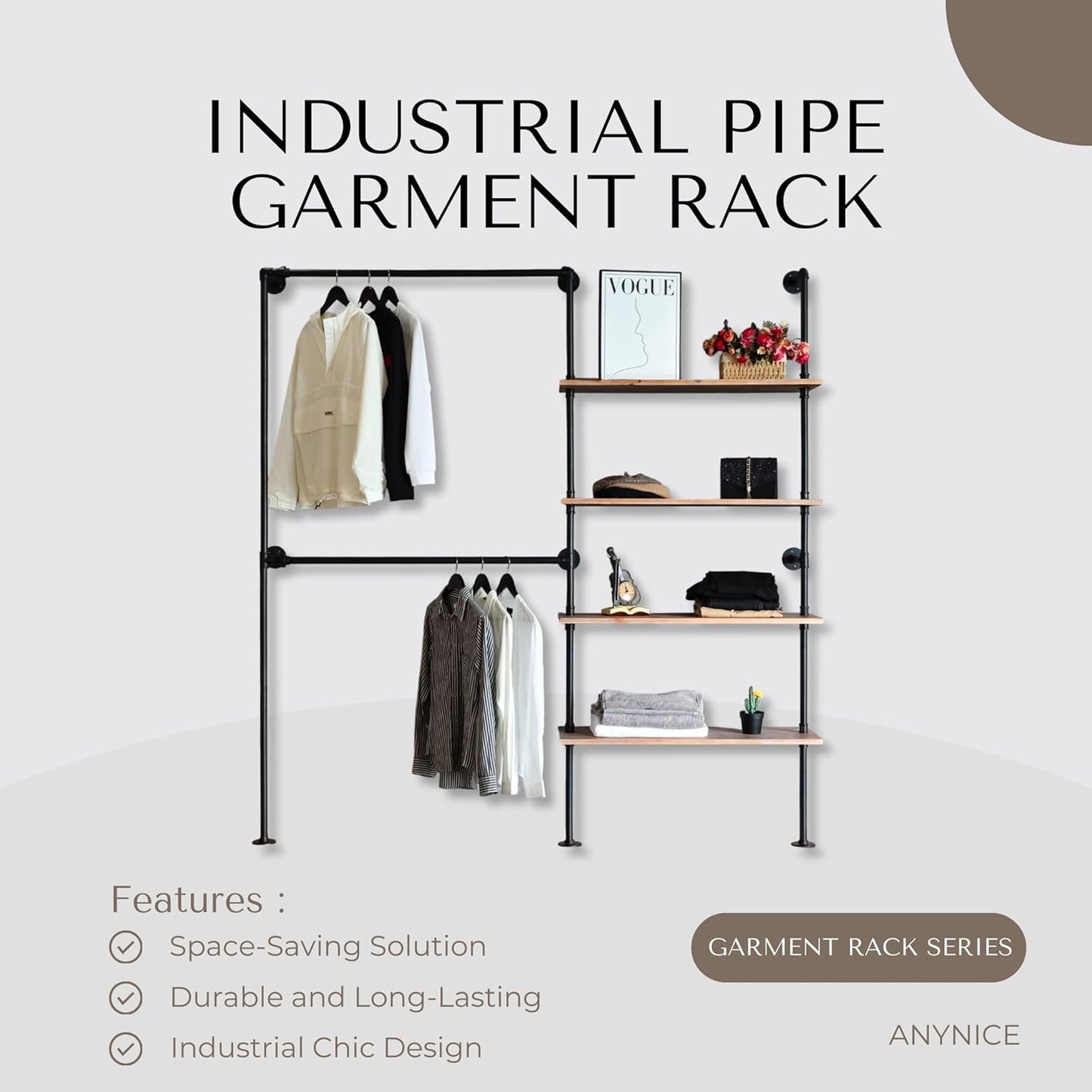 Industrial Pipe Clothing Rack, Wall Mounted Garment Black Wall Hanging Clothing Rack, Heavy Duty Clothes Rack for Walk in Closet Storage, Laundry Room, 14.6x76x82.7 Inches, Model Y02