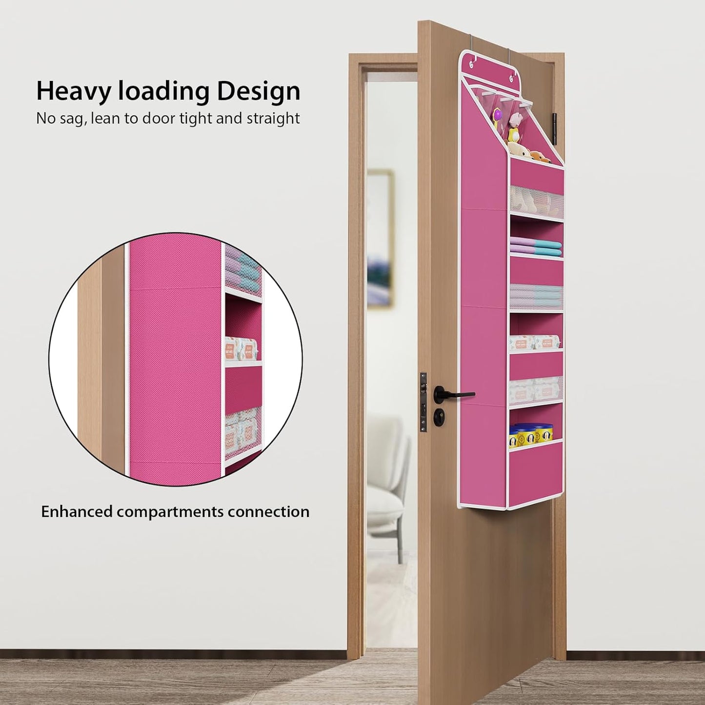 Univivi 5-Shelf Fabric Door Storage Over Door Hanging Organizer with 4 Large Pockets and 3 Small PVC Pockets Nursery Closet Cabinet Wall Mount Hanging Storage Organizers for Baby Nursery (Pink)