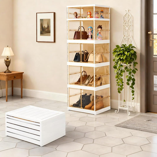 MGWILL Foldable Shoe Rack, Purse Organizers for Closet Plastic Clear Storage Box for Entryway, Large Sneaker Cabinet Bins Display Case for Collectibles with Magnetic Door 5 Tiers