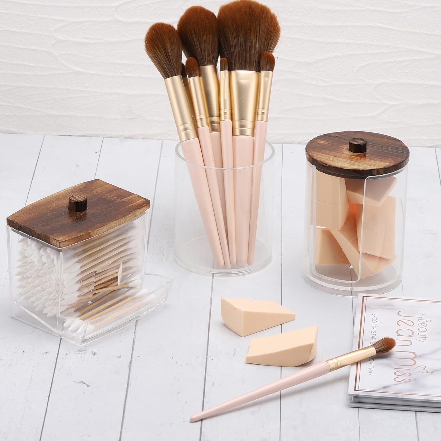 Tbestmax Bathroom Organizer Accessories Set-10 OZ Qtips Holder Storage with Wood Lids, Cotton Ball/Swabs Dispenser, Apothecary Container Jar 3 Pcs