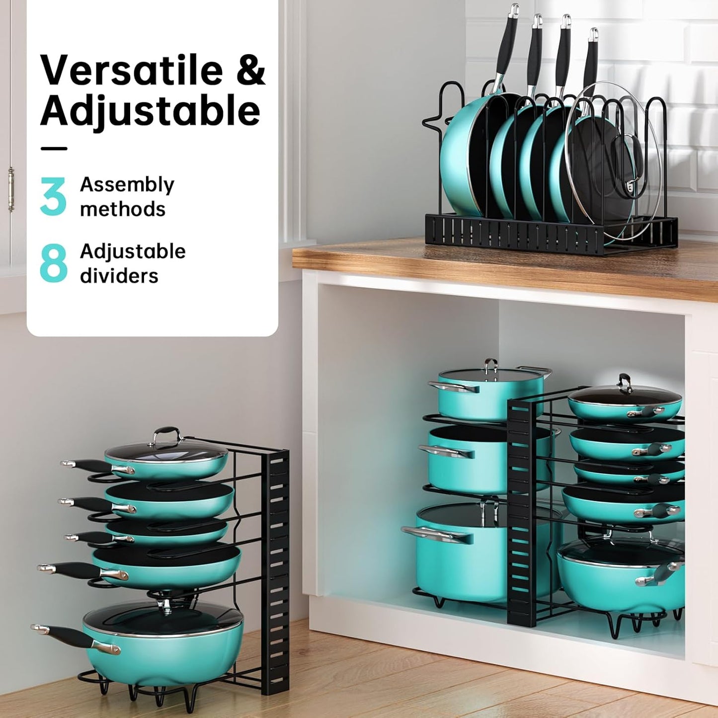 MUDEELA Pots and Pans Organizer Rack under Cabinet 16.61 Height, 8 Tiers Adjustable Pot Pan Rack with 3 DIY Methods, Pot Lid holder for Kitchen Cabinet Organizers and Storage
