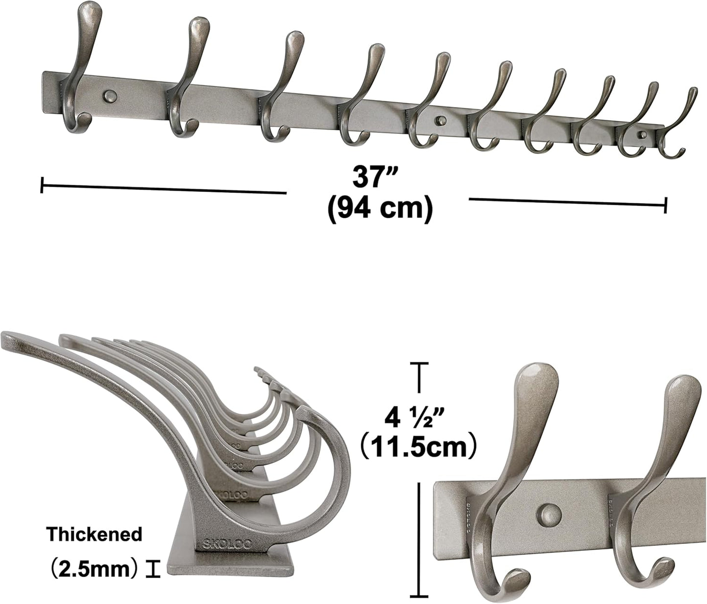 SKOLOO Coat Rack Wall Mounted - 10 Hooks, Heavy Duty, Stainless Steel, Metal Wall Hanger, Sturdy Coat Hooks for Hanging Coats, Jacket, Clothes, Hat, Matte Grey