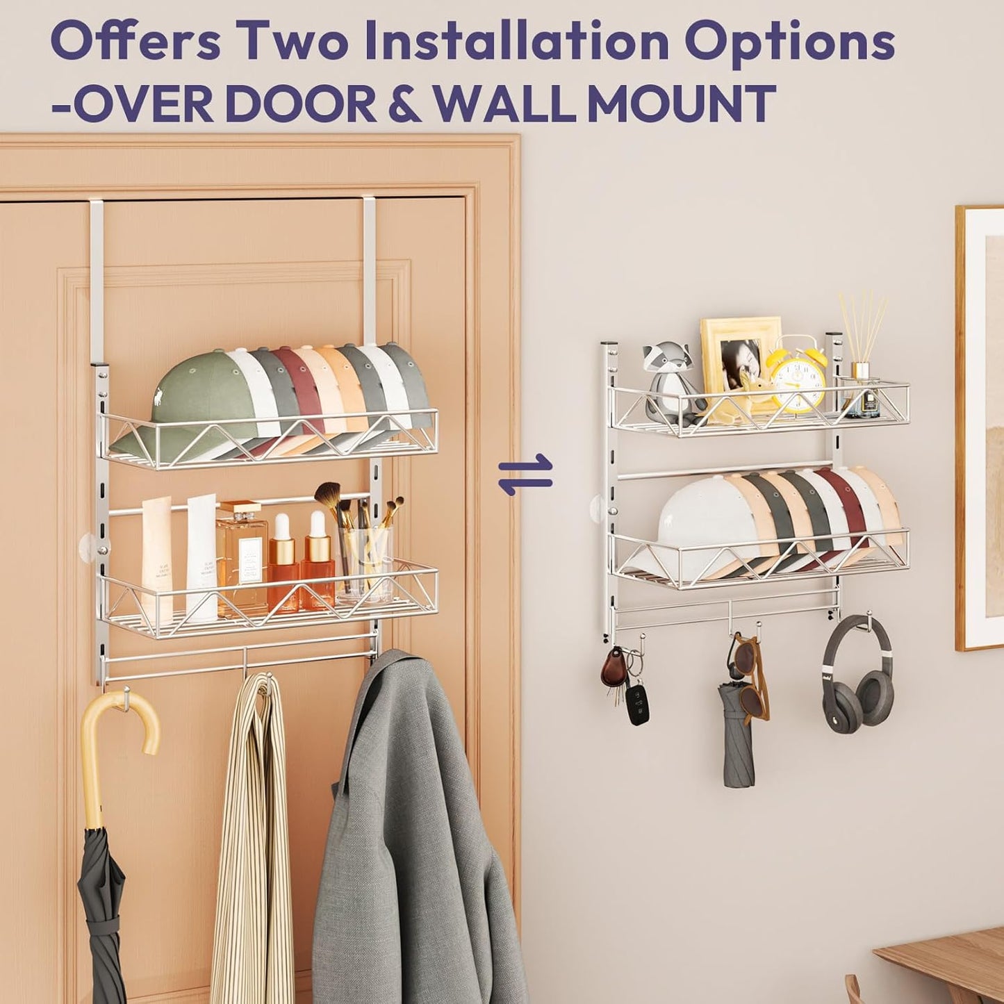 SWTYMIKI Over Door Hat Organizer - 3 Tier Wall Mounted Hat Rack with 2 Adjustable Metal Basket and 3 Hooks, Hanging Baseball Cap Organizer Storage Holds up to 29 Caps for Door, Bedroom, Closet