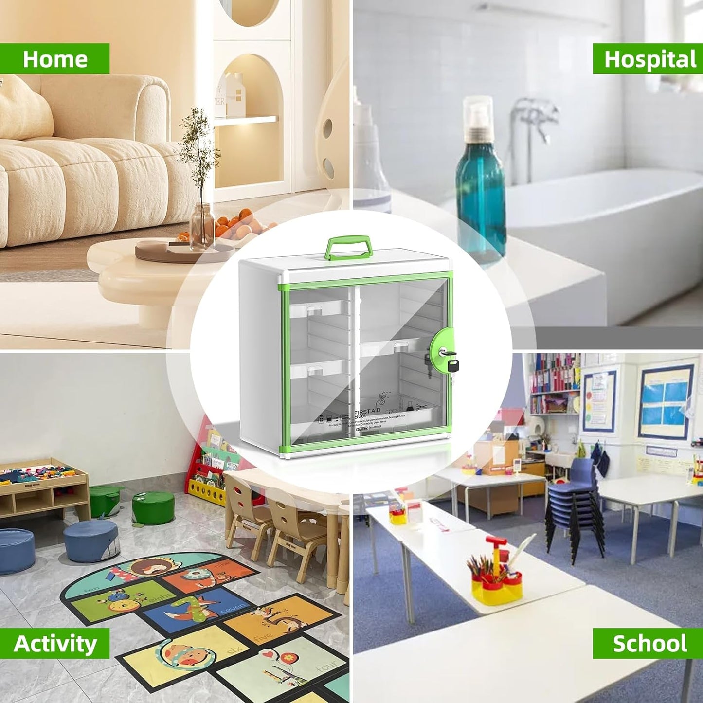 Glosen Medicine Cabinet Locking Medicine Cabinet Wall Mounted【 Green 13.6 x 13.4 x 6.5 Inch 】 Portable Storage Container Big Capacity