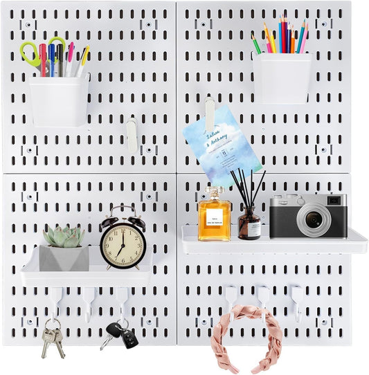 PSLER 4PCS Pegboard Wall Organizer White Peg Boards for Desk, Office & Gaming Setup Space-Saving Peg Board Kit with Hooks for Keys, Storage Box, Partition