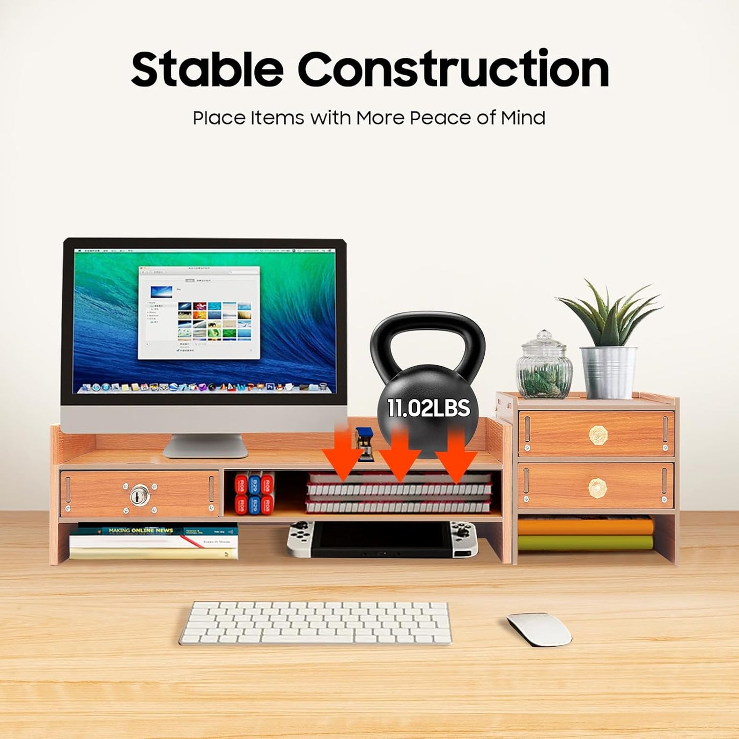 Wood Monitor Stand With Drawers,Desk Organizer With Lockable Drawer & Phone Holder, Computer Monitor Riser Stand With Storage Shelf,Multi-Purpose Desktop Storage Stand For Computer, Laptop, Printer