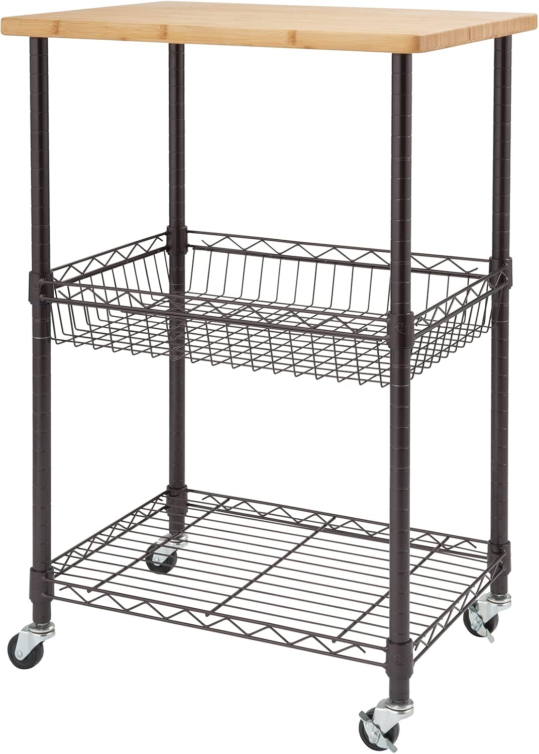 3 Tier Rolling Cart Kitchen Organizer with Bamboo Top, Metal Wire Storage Basket and Shelf for Household and Pantry Organization, Dark Bronze, 24” W x 18” D x 35” H