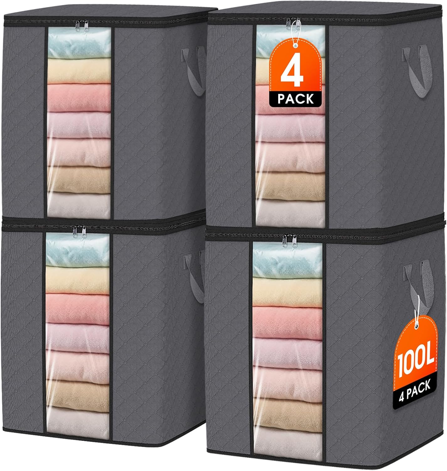 SpaceWhisper 4 Pack 100L Clothes Storage, Foldable Thick Fabric Blanket Storage Bags, Containers for Organizing Bedroom, Closet, Clothing, Comforter,Closet Organization with Handle,Grey