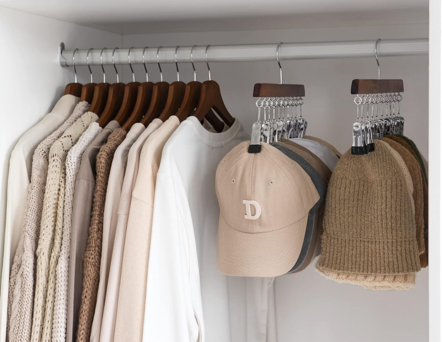 StorageWorks Hat Rack, Closet Organizer and Storage for Baseball Caps,Set of 2 with 10 Adjustable Stainless Steel Clips, Fits All Caps, Natural Walnut Color