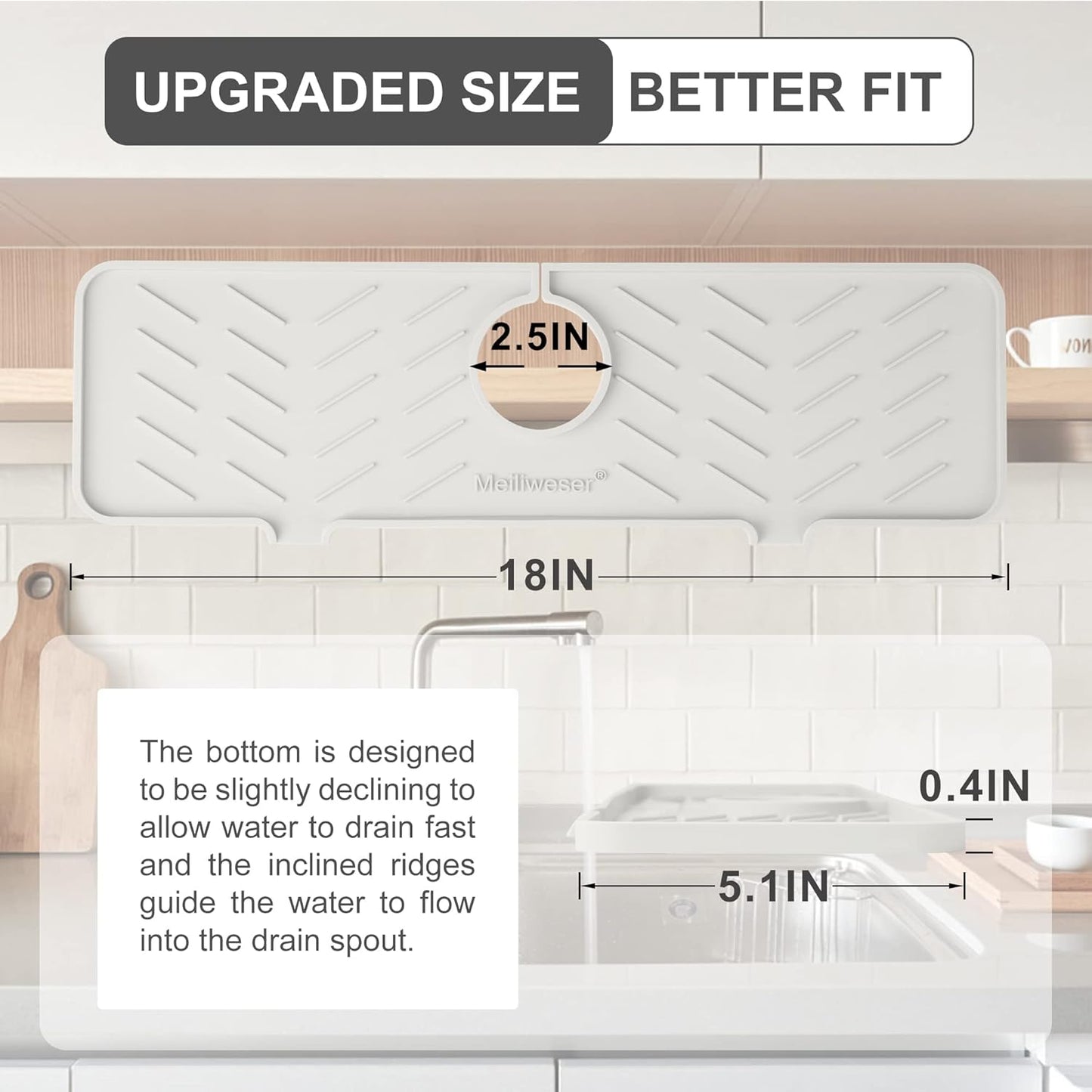 Meiliweser Silicone Faucet Mat for Kitchen Sink – Gen 2 Splash Guard with Upgraded Outlet & Slope – 18” x 5.1” Water Catcher & Sink Sponge Holder for Kitchen and Bathroom (Beige)