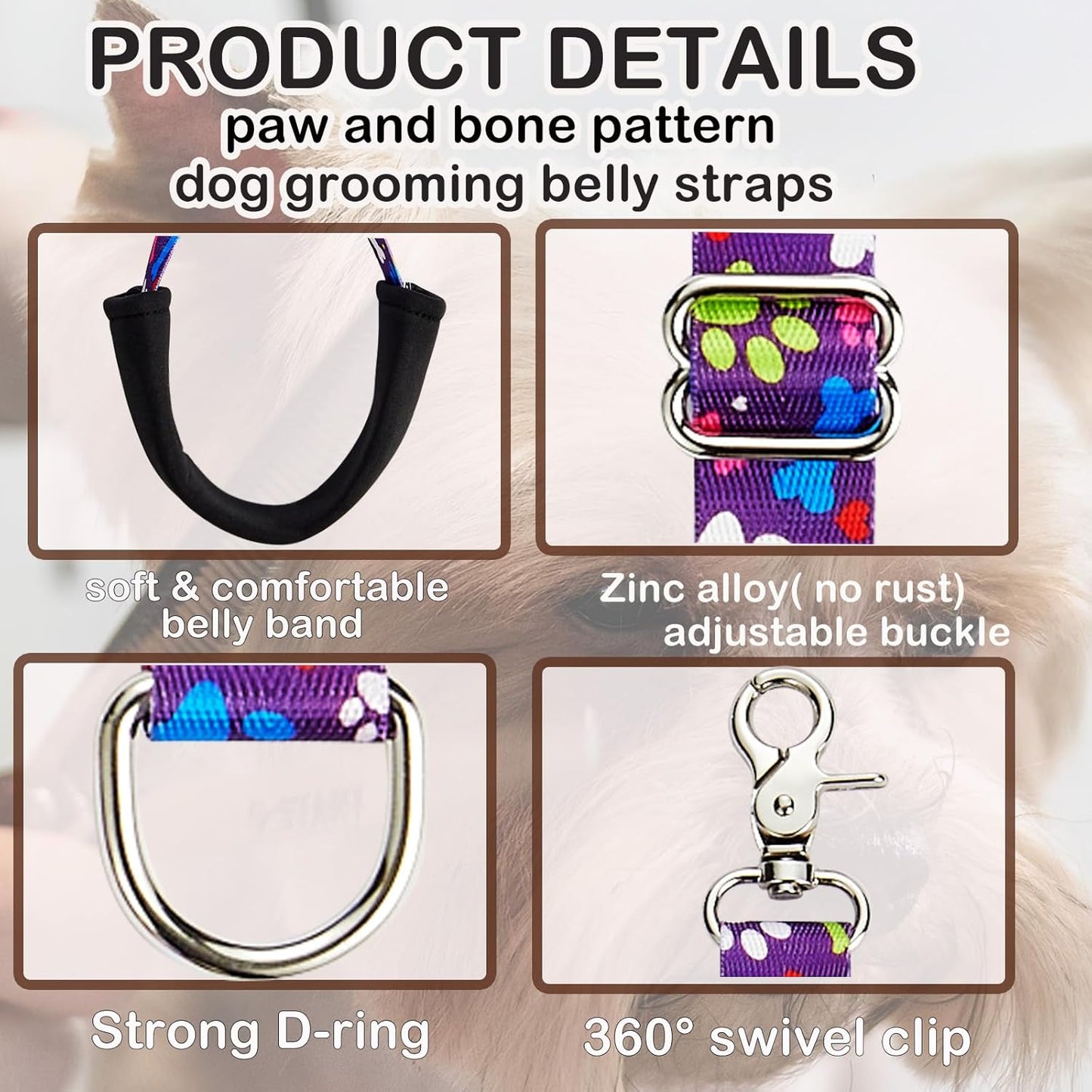 Dog Grooming Belly Straps – Adjustable Grooming Loops with Cute Paw & Bone Pattern – Pet Grooming Belly Support Band Table Accessories for Small to Large Dogs(Green)