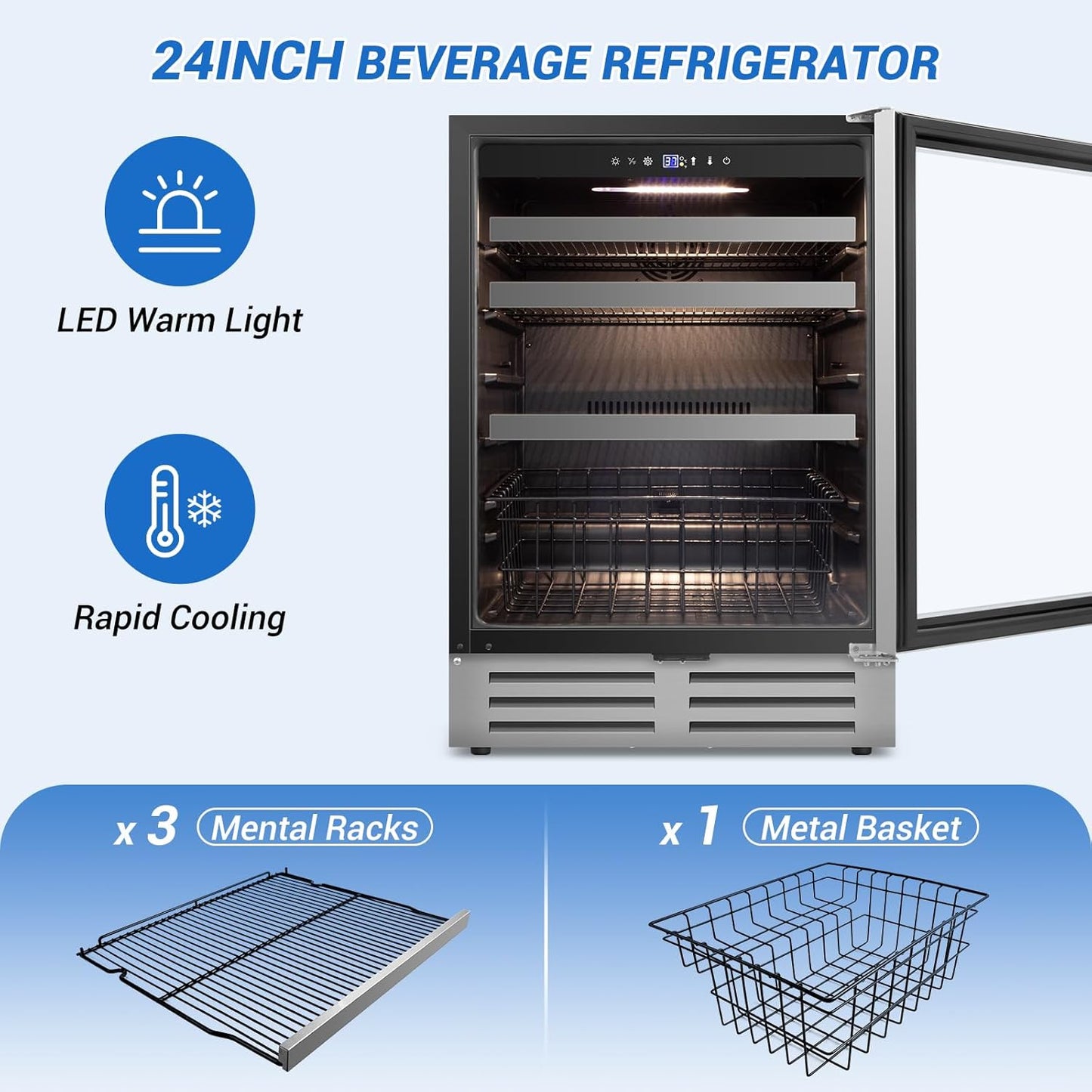 24" Beverage Refrigerator Undercounter | 180 Can Capacity | Built-In Undercounter Cooler | Glass Door for Soda, Water, Beer | Home, Bar, or Office Use