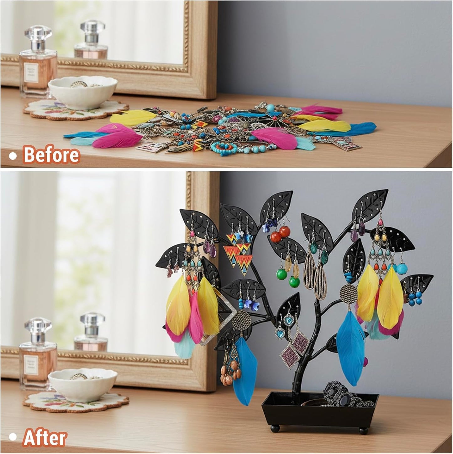 MyGift Jewelry Tree w/Bird Nest 48 pair Earrings Holder, Bracelets/Necklace Organizer Stand (Black Metal)