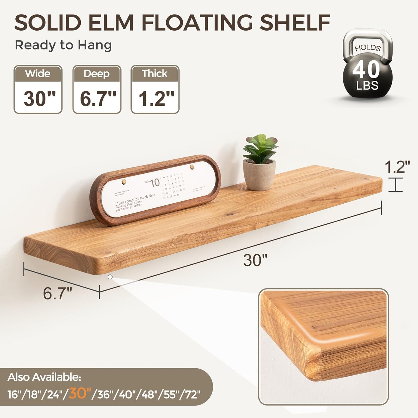 Fun Memories Rustic Elm Wood Floating Shelves, 30 Inch Wall Shelf Set of 2, Wooden Bathroom Shelves with Heavy-Duty Bracket, Storage & Display Shelf for Kitchen, Bedroom, Living Room