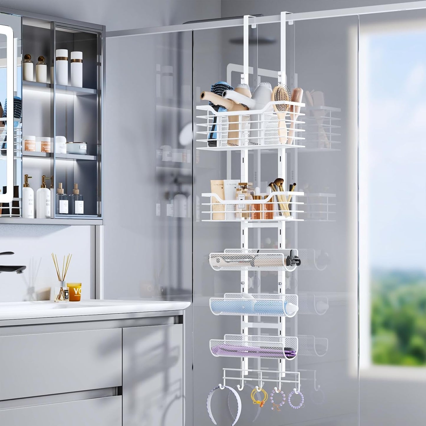 Consumest 6-Tier Hair Tool Organizer - Hair Dryer Holder Over The Door/Wall Mounted DIY Adjustable Shelf Bathroom Door Organizer with Hook for Curling Iron/Blow Dryer/Straightener White
