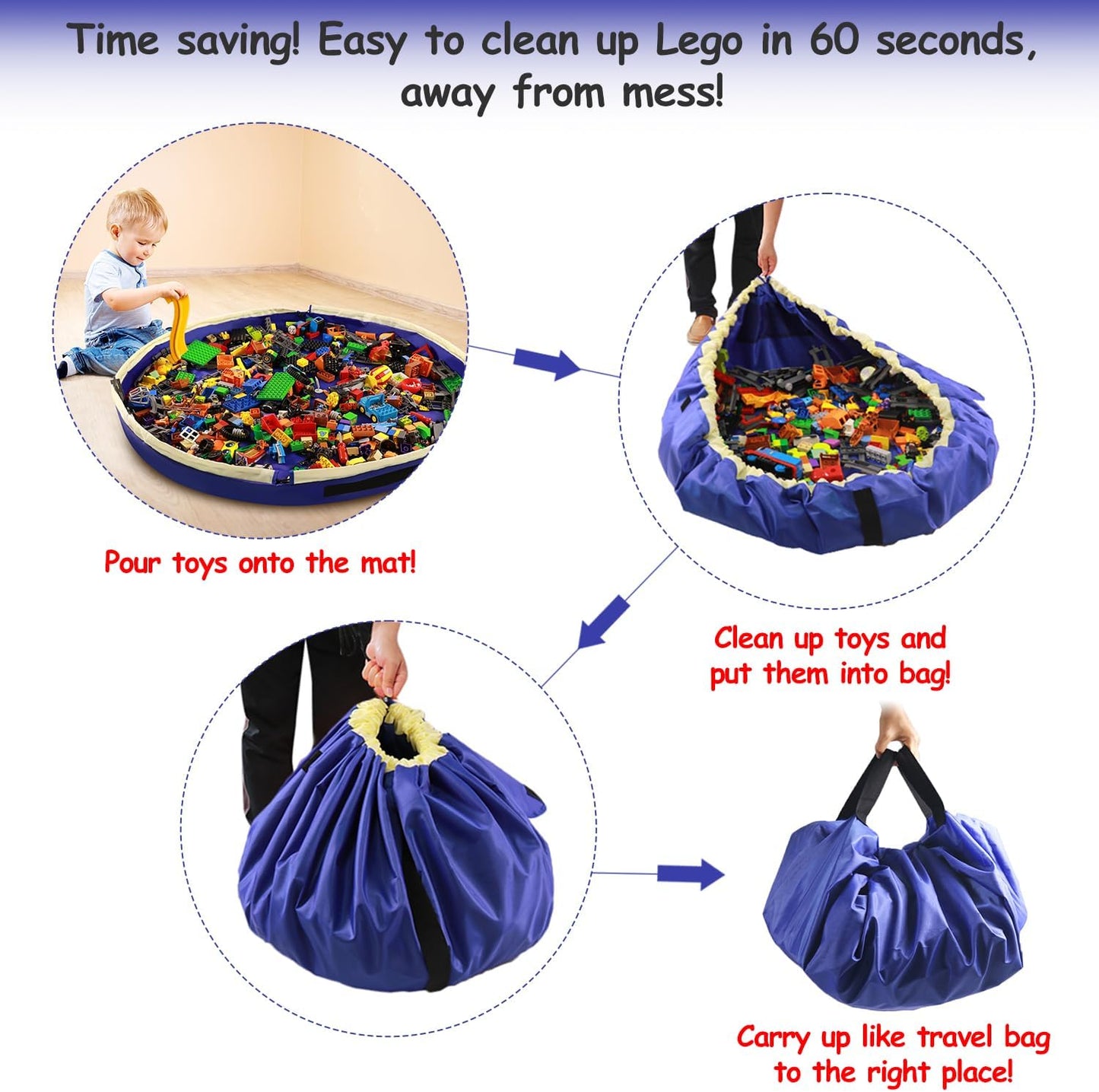 Toy Storage Mat Bag by Drawstring for Lego - Play Mat Bag Toy Storage Container for Kids with Cap can as Gift (2Pcs = Big Blue + Mini Yellow)
