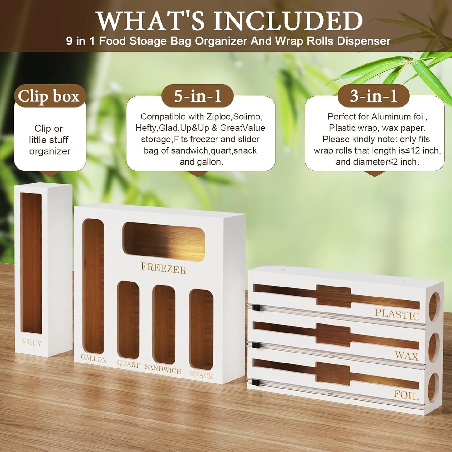 Bamboo Foil and Plastic Wrap Organizer for Kitchen Drawer, 2024 New 9 in 1 Plastic Bag Organizer Organization and Storage, Food Storage Bag Organizer with Labels for Quart Gallon Snack (White)