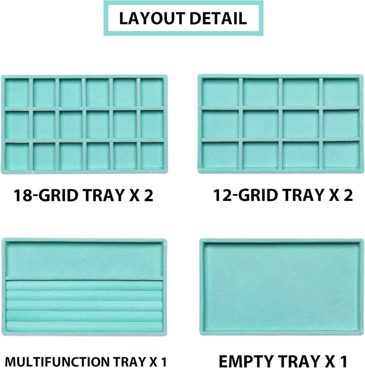 Frebeauty Jewelry Organizer Tray,Stackable Velvet Jewelry Trays,Drawer Inserts Earring Organizer For Women Jewelry Storage Display Case for Rings Stud Necklaces,Set of 6(Turquoise)