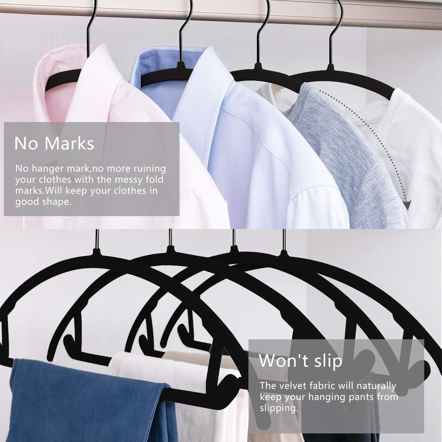 MIZGI Premium Velvet Hangers 50 Pack Heavyduty- Non Slip No Shoulder Bump Suit Hanger - Black Hooks,Space Saving Clothes Rounded Shape for Coat,Sweater,Jackets,Pants