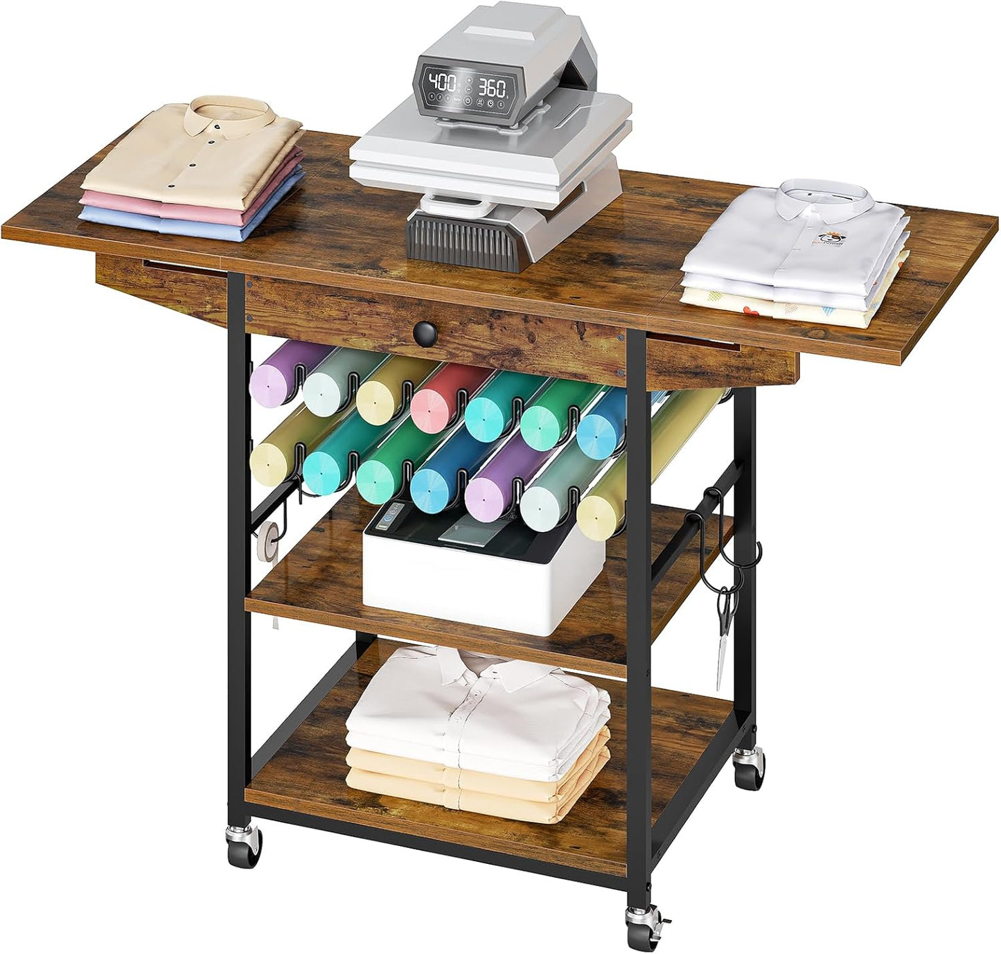 HOOBRO Foldable Heat Press Table, Movable Heat Transfer Stand with Vinyl Roll Holder and Drawer, 3-Tier Craft Table with Folding Shelf, Mobile Workbench Cart for DIY Sublimation, Rustic Brown BF84CJ01