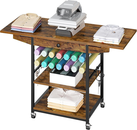 HOOBRO Foldable Heat Press Table, Movable Heat Transfer Stand with Vinyl Roll Holder and Drawer, 3-Tier Craft Table with Folding Shelf, Mobile Workbench Cart for DIY Sublimation, Rustic Brown BF84CJ01