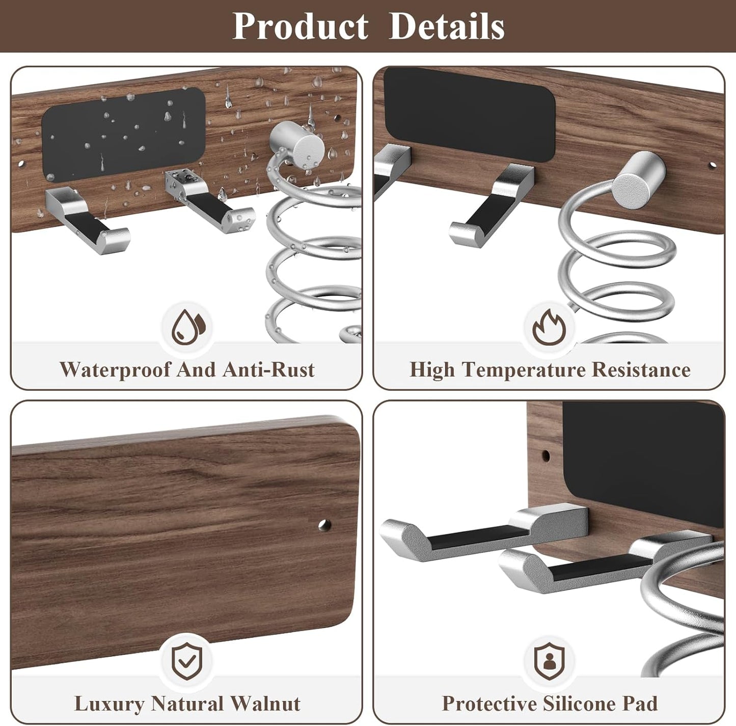 Tindbea Hair Dryer Holder Curling Iron Holder, Blow Dryer Holder Wall Mount, Bathroom Hair Tool Organizer Rack for Universal Dryer, Walnut Wood Silver Color Metal