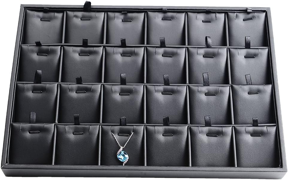 Black PU Leather Jewelry Display Tray 24 Grids Pendant Earrings Necklace Organizer Display Showcase Jewelry Storage Tray