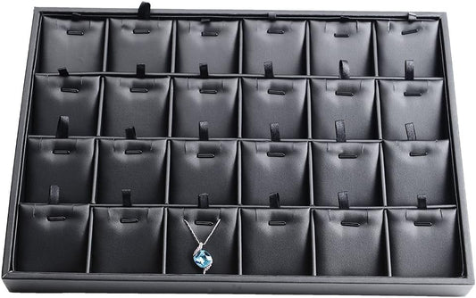 Black PU Leather Jewelry Display Tray 24 Grids Pendant Earrings Necklace Organizer Display Showcase Jewelry Storage Tray