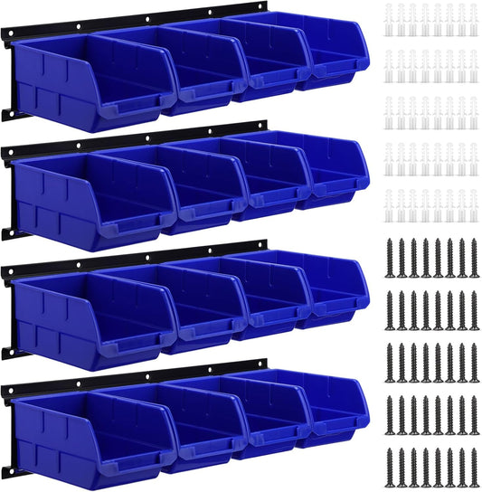 Maitys Wall Mounted Storage Bins Plastic Hanging Stackable Storage Parts Garage Tool Organizer for Screws, Nuts, Bolts, Nails, and Small Hardware Parts, 16x Bins & 4 x Rails(Blue)