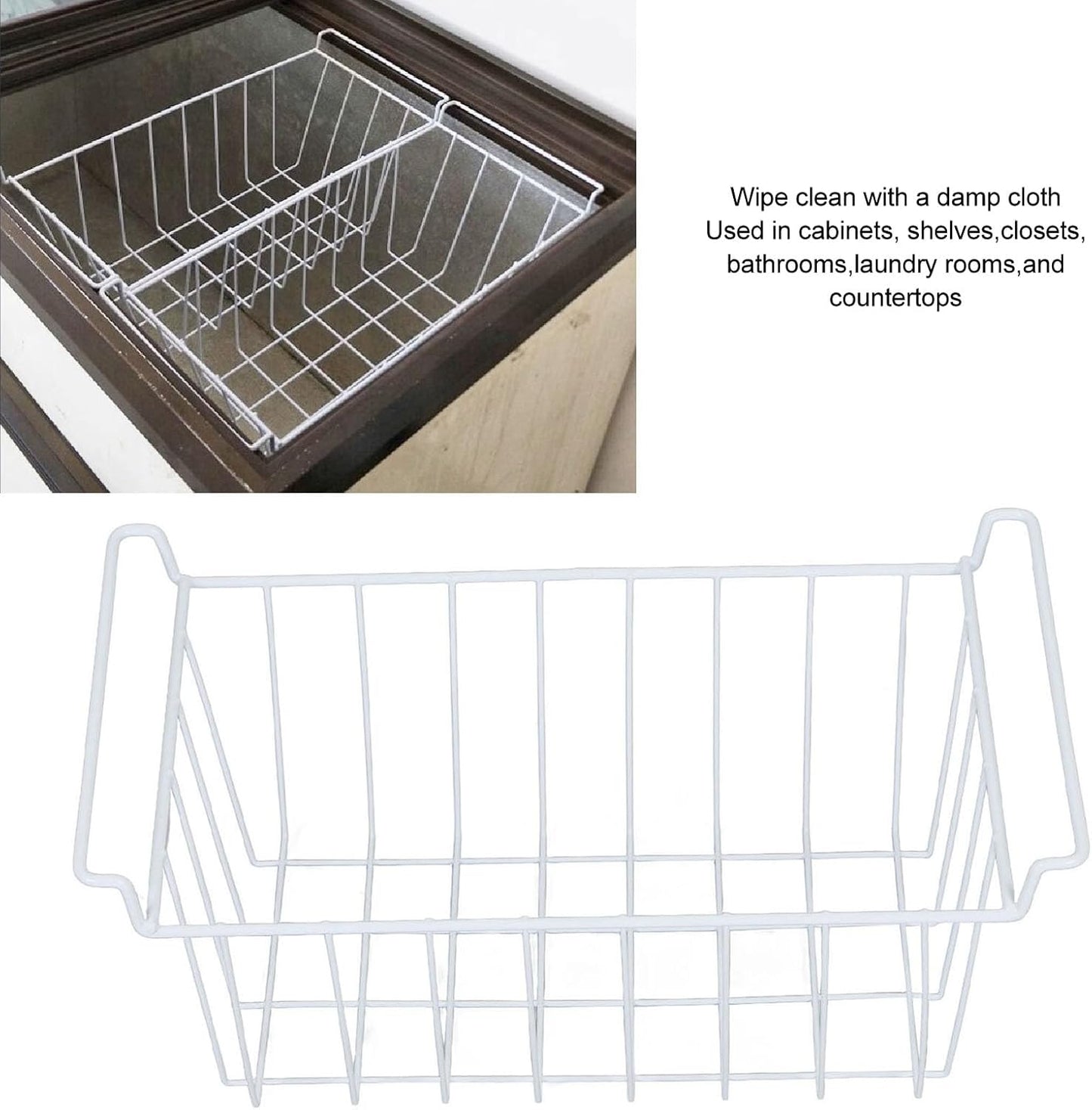 2PCS Freezer Organizer Bins, Steel Wire Freezer Basket with Handles Multifunctional Organizer Bin Stackable Metal Wire Baskets for Cabinet, Pantry, Closet (White)