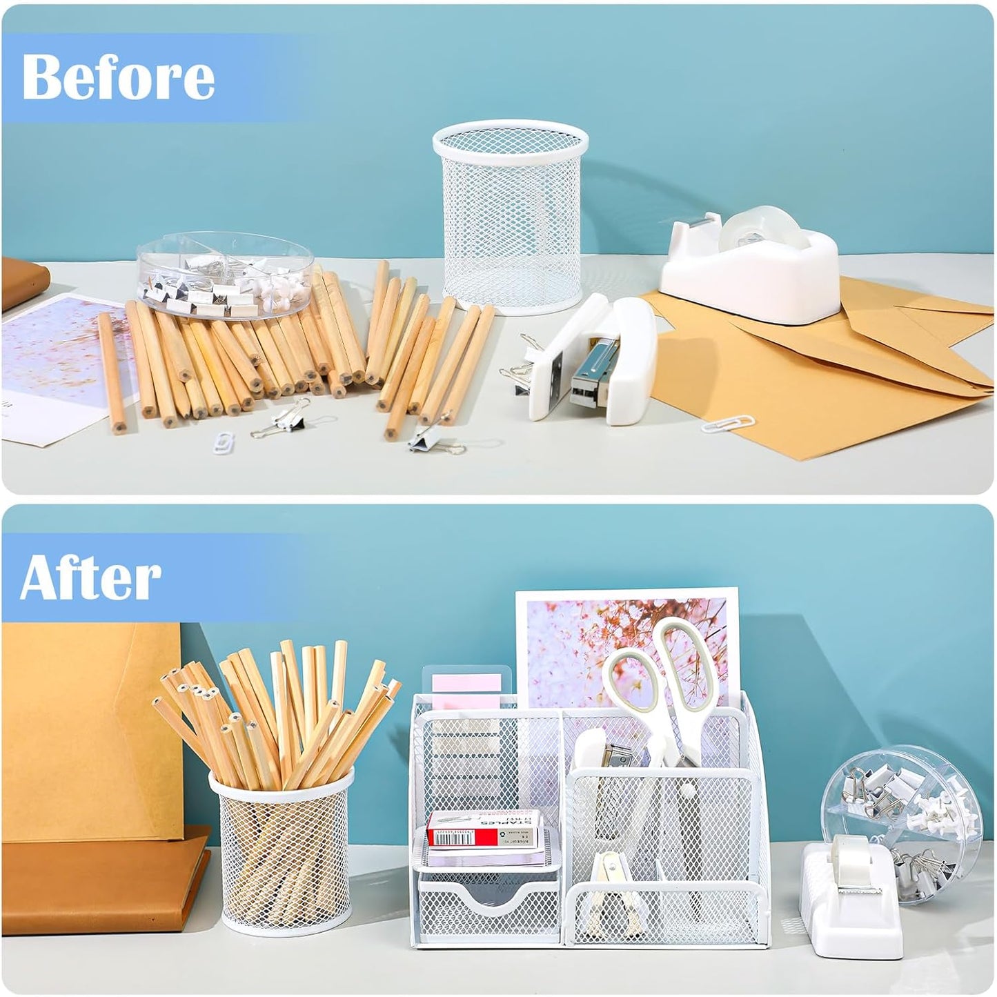 11 in 1 Desk Organizers and Accessories - White Office Supplies - Includes White Stapler, Tape Dispenser, Pen Holder, Staple Remover, Clips, Ruler, Scissors, Tapes, Tabs