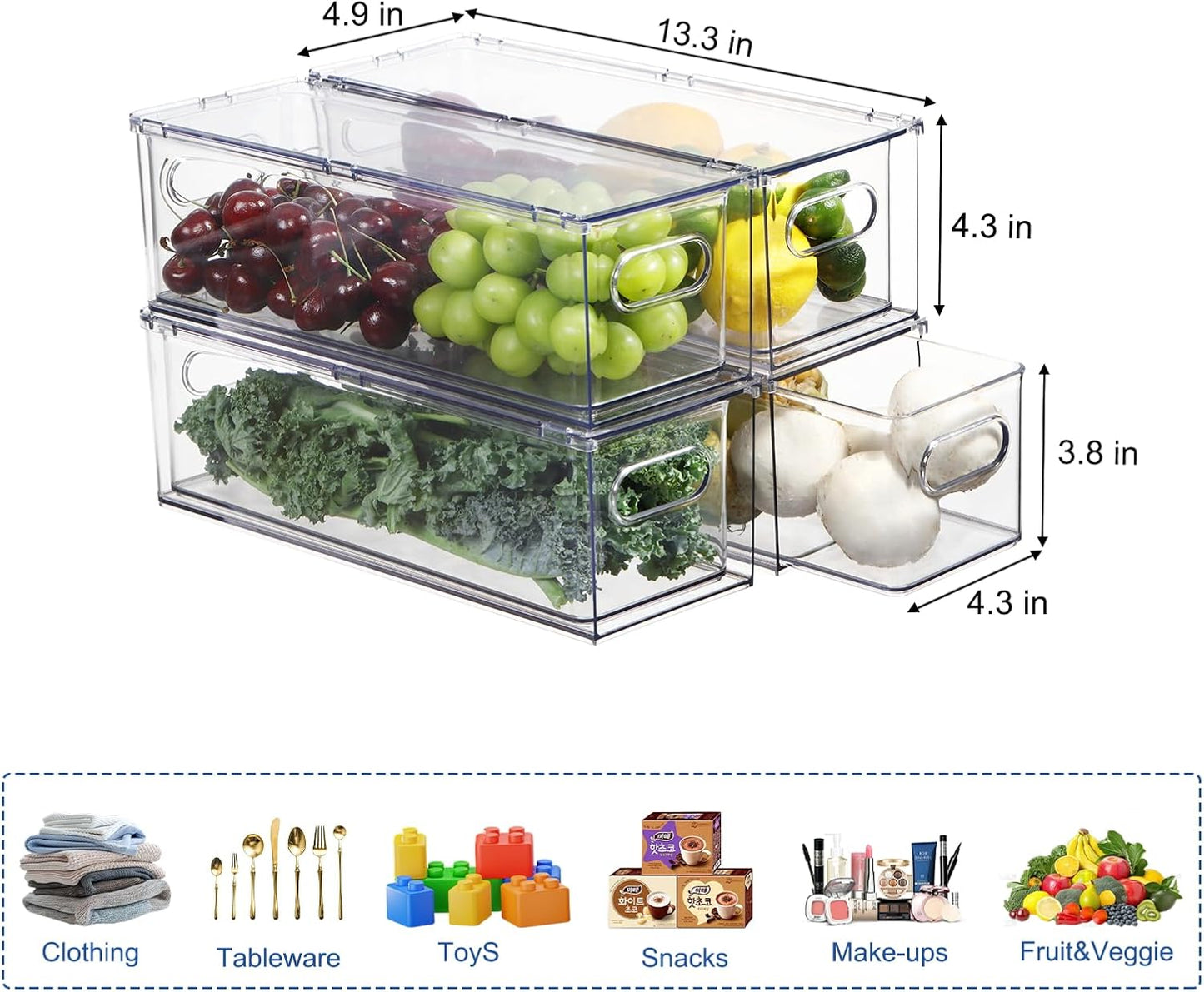 Fridge Drawer Pull Out Stackable Bins, Clear Refrigerator Stackable Organizers, Fridge Organizer Storage for Kitchen, Pantry, Vegetables, Fruits (4 Small)