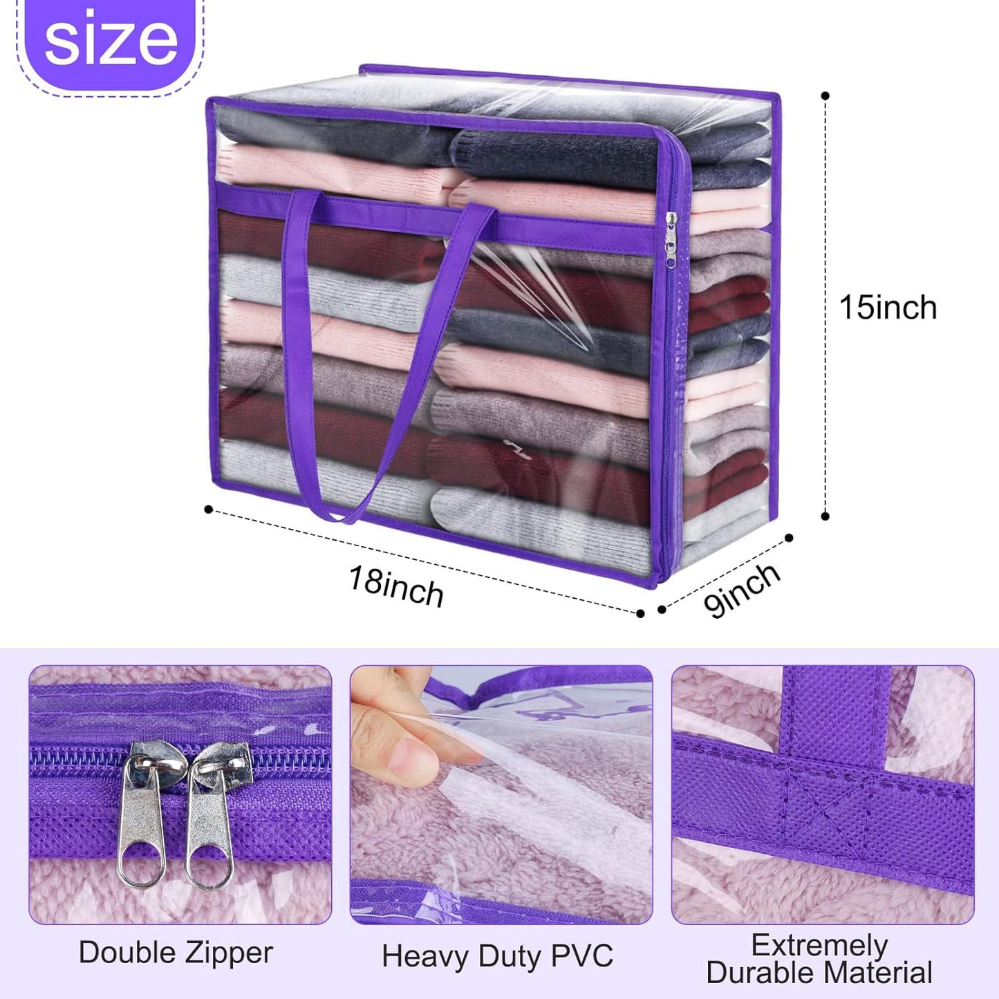 2 Pack Clear Zippered Storage Bags for Clothes, Closet Organizers and Storage Vinyl Bag for Bedding, Linen, Blankets, Comforters, Clothes & Toys Multi Purpose & Space Saver PVC Organizers