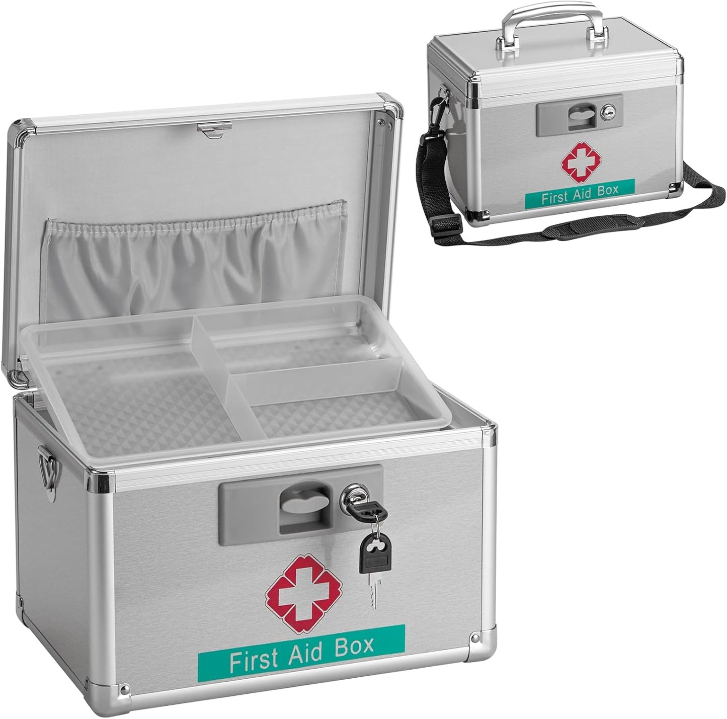 Medicine Storage Box with Key - 15 x 8.7 x 9.4 Inches -Empty Lock First Aid Box for Drugs & Pill, Medical Organizer Container For Home/Outdoor (Silver/X-Large)