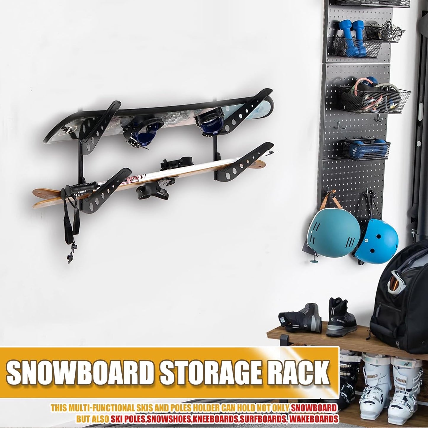 Snowboard Wall Racks, Adjustable Storage Rack for Ski, Surfboard, Wakeboard, Snowboard Wall Mount Display, White/Black