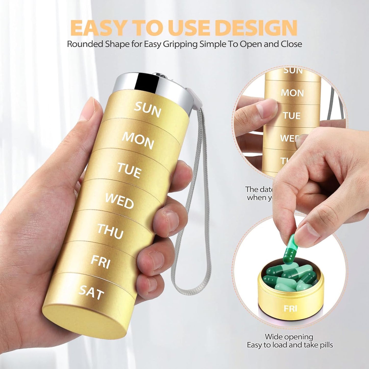 Metal Travel Pill Organizer, Large Weekly Pill Box, Portable Aluminum Alloy Waterproof Container, 7 Day Daily Medicine Organizer Holder for Vitamin, Fish Oil, Supplement, Gold
