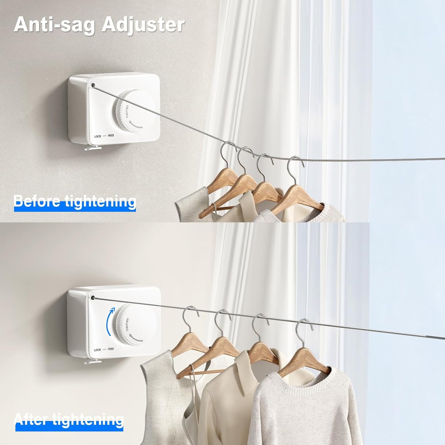 Retractable Clothesline Indoor, Non-Sagging Outdoor Clothes Line Retracting Heavy Duty Clothes Drying Laundry Line Wall Mounted Stainless Steel Line-13.8 Feets(White)