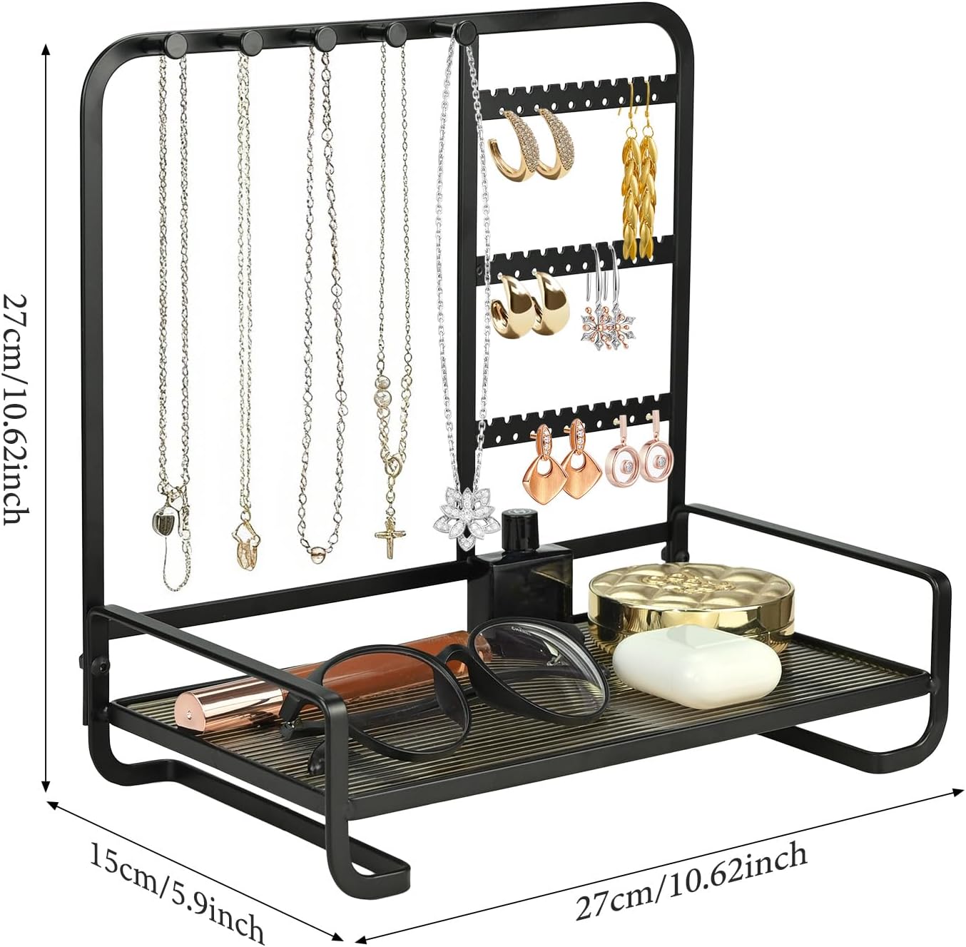 Jewelry Holder, Jewelry Organizer Display Holder with Metal Frame, Jewlery Stand with Metal Frame and Wooden Base, Display With Storage Bottom Plate for Earrings for Necklace Bracelet Earring Ring