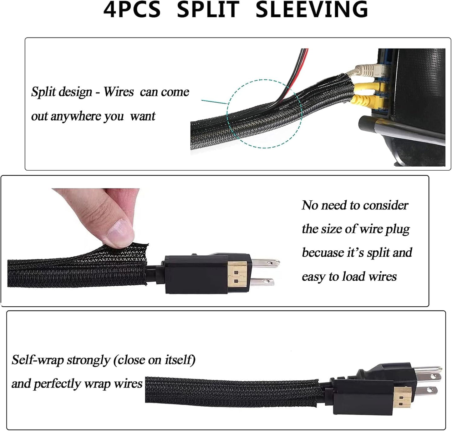 Cord Management Organizer Kit 4 Cable Sleeve split with 41Self Adhesive Cable Clips Holder, 10pcs and 2 Roll Self Adhesive tie and 100 Fastening Cable Ties for TV Office Car Desk Home