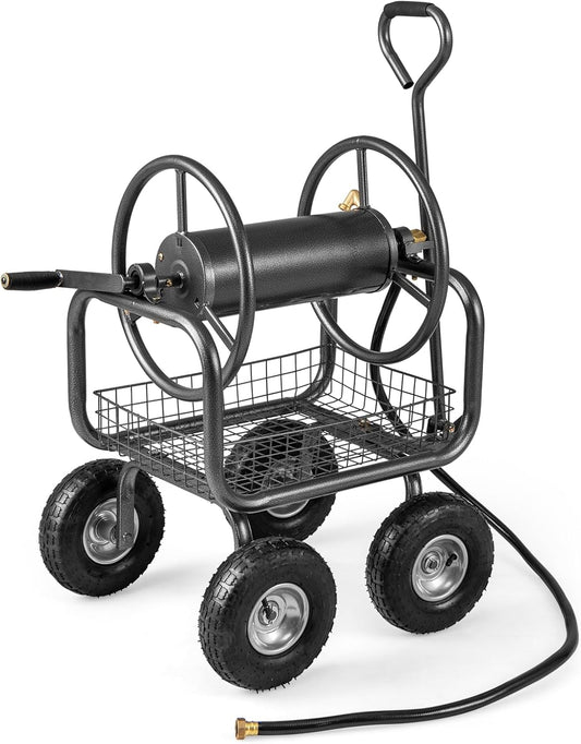 Goplus Garden Hose Reel Cart, 300 FT of 5/8" Large Capacity, Heavy-Duty Metal Hose Cart w/ 4 Wheels, Storage Basket, Portable Water Hose Organizer for Outside Yard, Outdoor Planting Tool (Black)