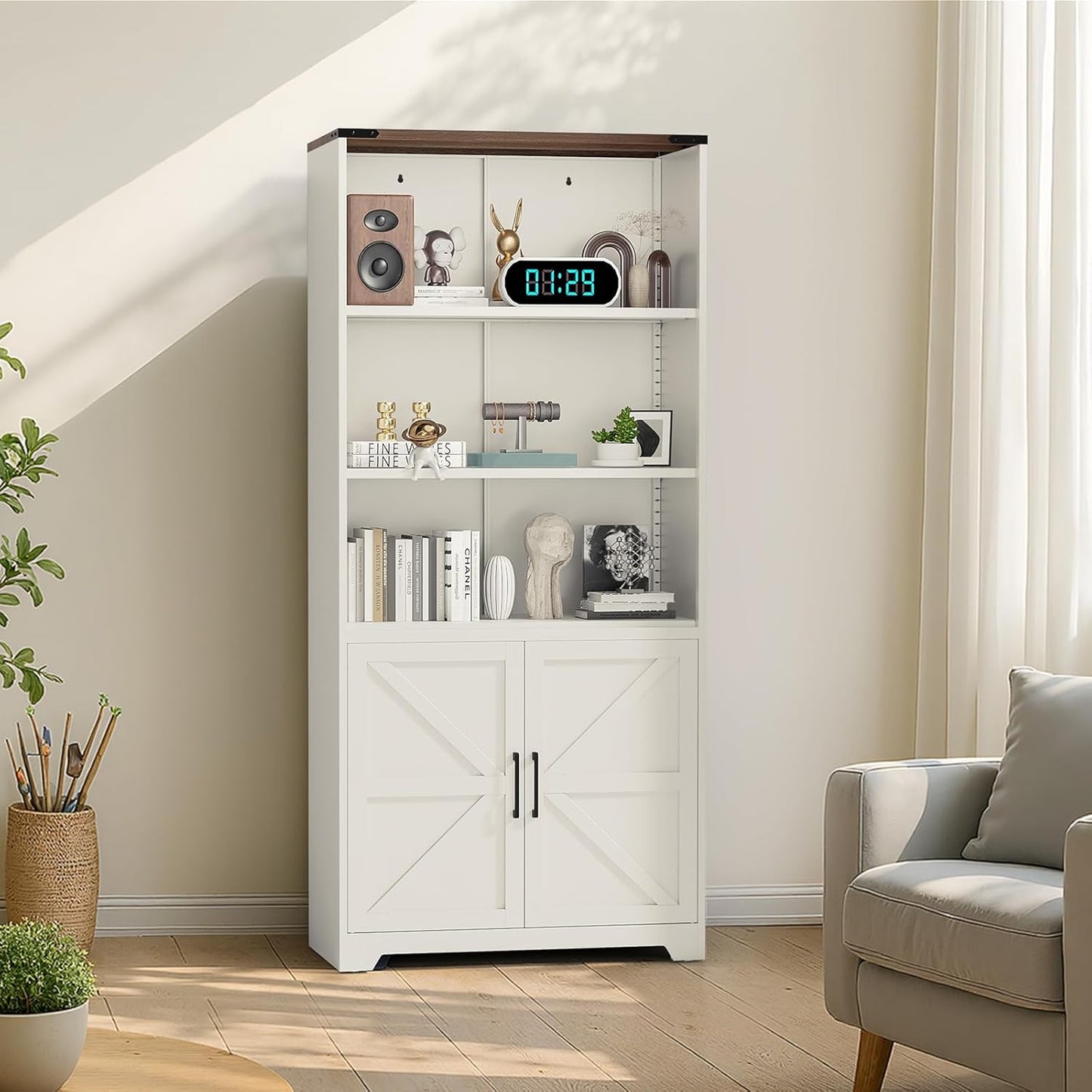 VINGLI Bookcase with Doors and Adjustable Shelves, Steel 70" Tall Bookshelf, 6-Tier Farmhouse Metal Storage Cabinet for Study, Living Room, Home Office, Kitchen Pantry, White Display Cabinet