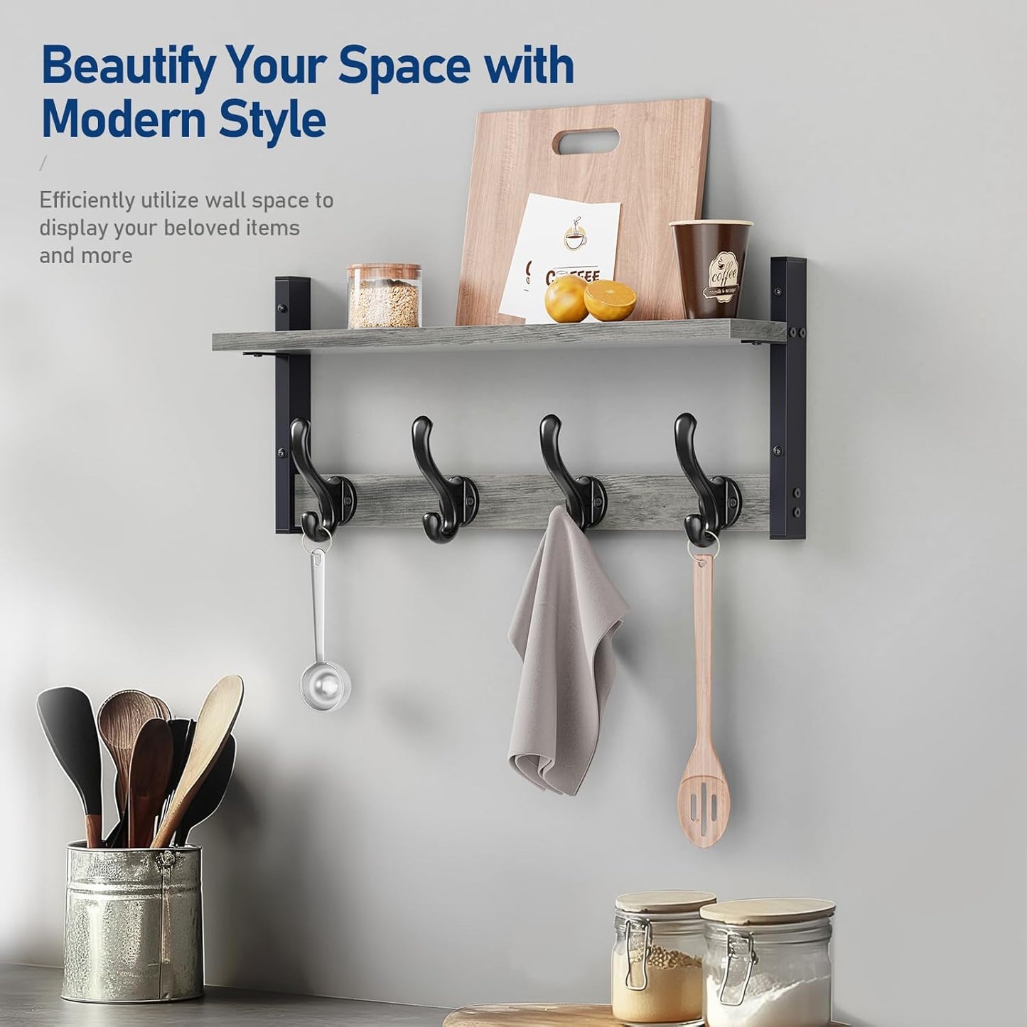 Tatub 20" Rustic Coat Rack Wall Mount with Shelf, Wall Hooks with Shelf, Heavy Duty Entryway Organizer Hangers for Hanging, Hat, Bag, Jacket for Bathroom, Living Room, Bedroom, Gray