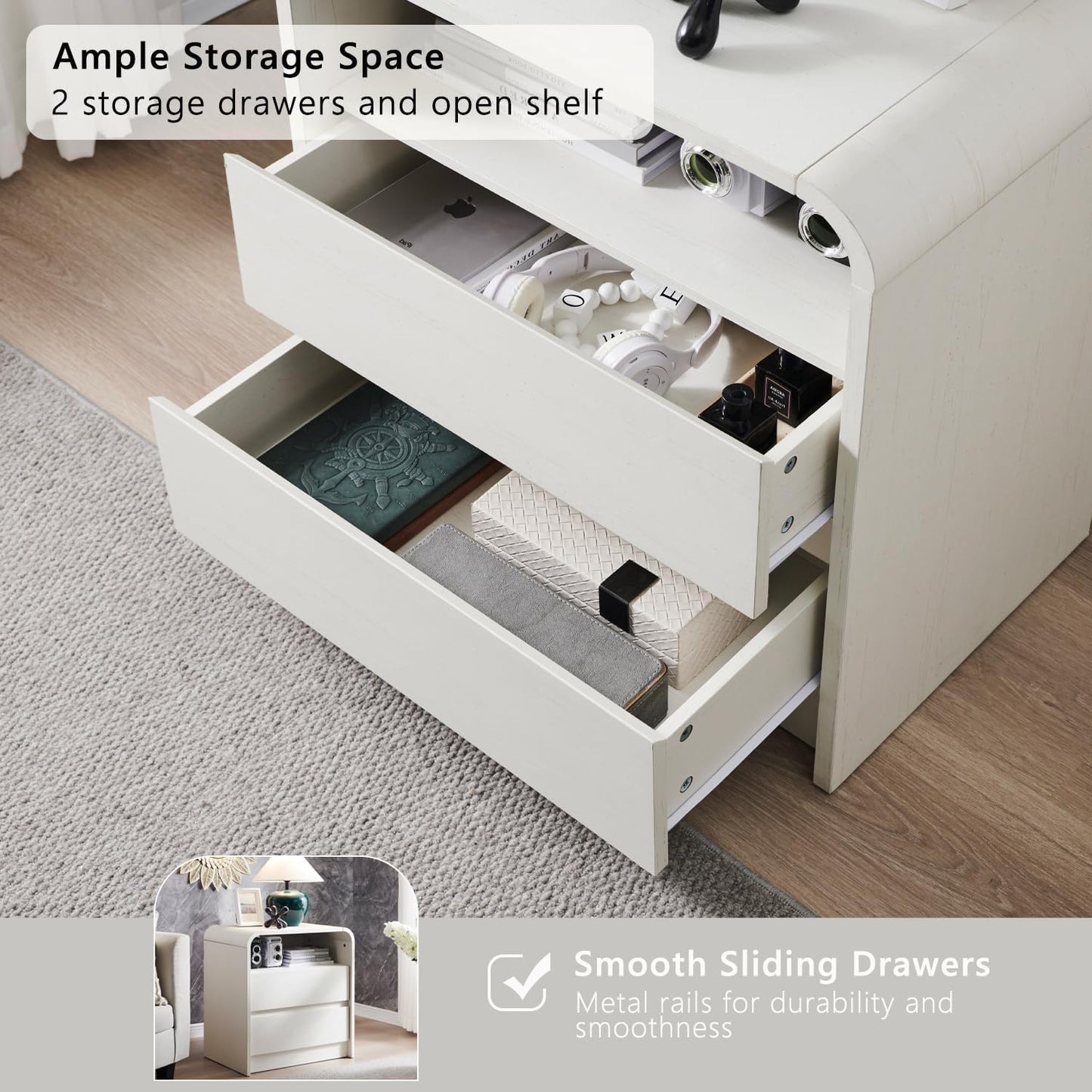 25" Tall Modern Nightstand Set of 2, 23.6'' Wide Wood Bedside Table w/2 Storage Drawers, Charging Station, Mid Century End Table for Bedroom, Living Room,Curved Profile Design, Antique White