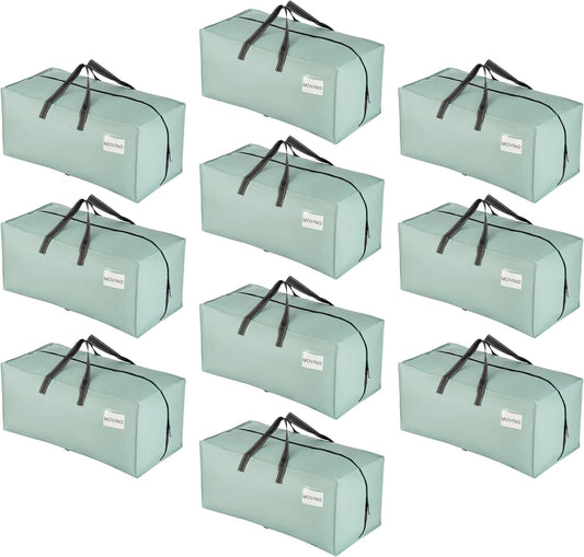VENO 10 Pack Moving Bags w/Backpack Straps, Heavy Duty, Moving Boxes Alternative, Packing Supplies, Large Storage Totes for Dorm Room Essentials with Zipper for Clothes (Light Green Matte, 10 Pack)