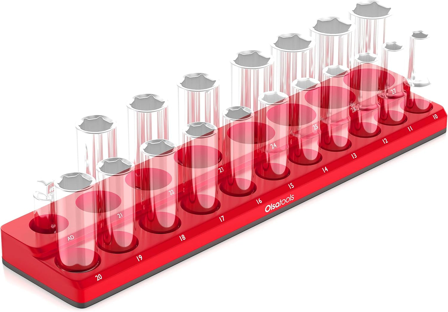 Olsa Tools Magnetic Socket Holder - 1/2-Inch Drive - Metric - Red - Holds 19 Sockets - Professional Quality Organizer - Part: 1299