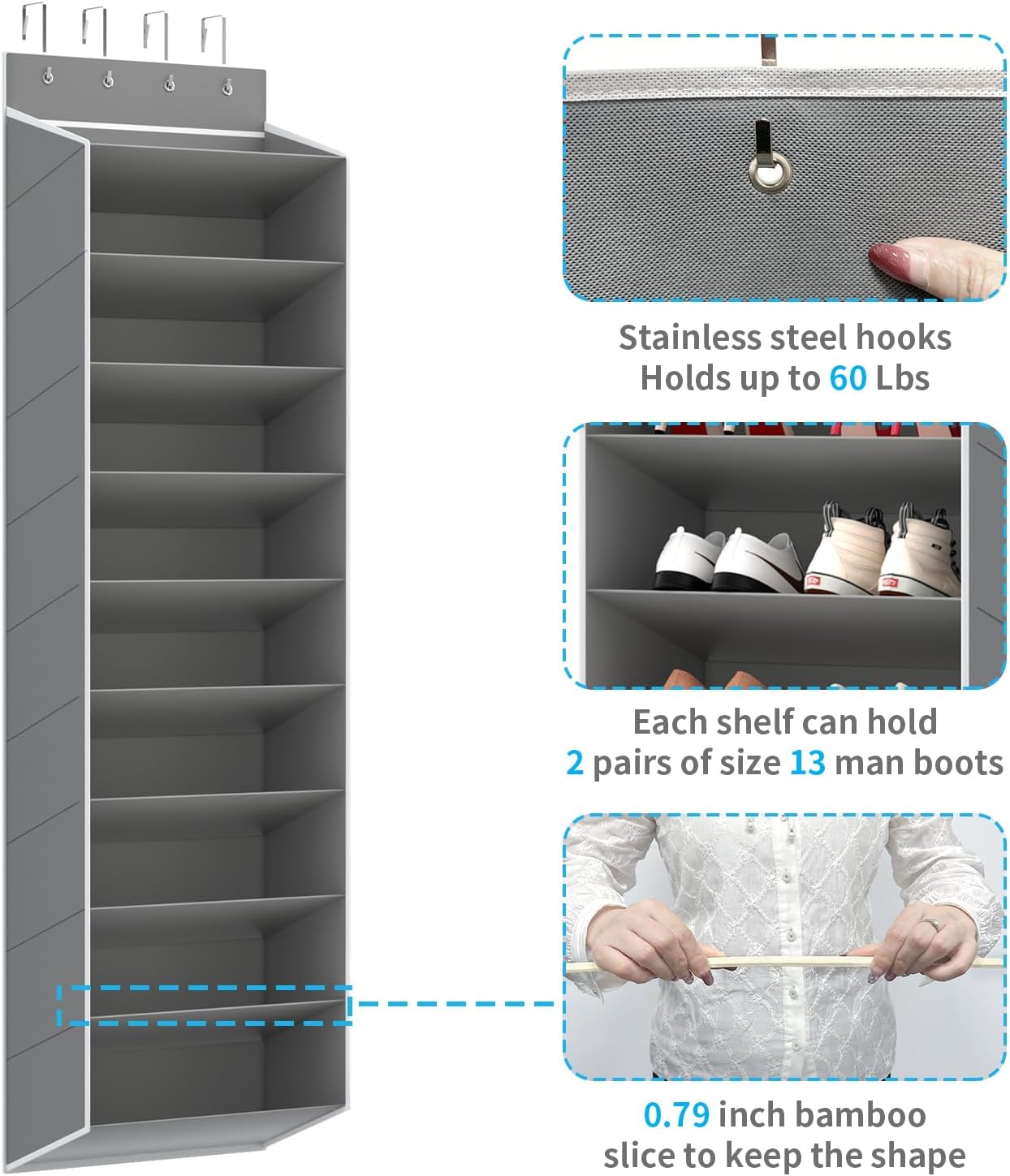 REGELETO 10 Tiers Large Size Over Door Shoe Organizer Storage, Hanging Shoe Rack for Door with Deep Pockets, Fit 20-30 Pairs Shoe Organizer Holder for Sneakers and Boots (Grey)