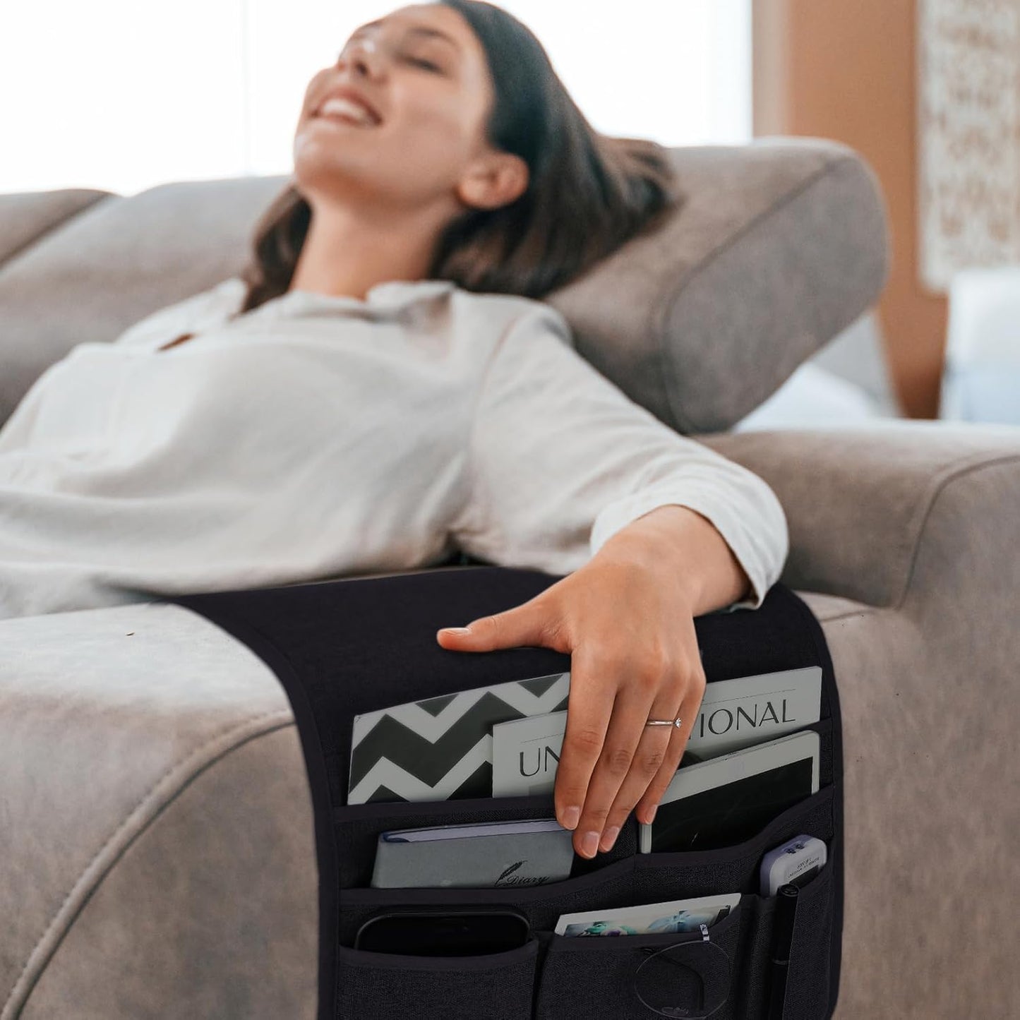 Teniux Remote Control Holder Armchair Caddy for Recliner Couch, Non-Slip Armrest Organizer with 5 Pockets for Magazine, Tablet, Phone, iPad