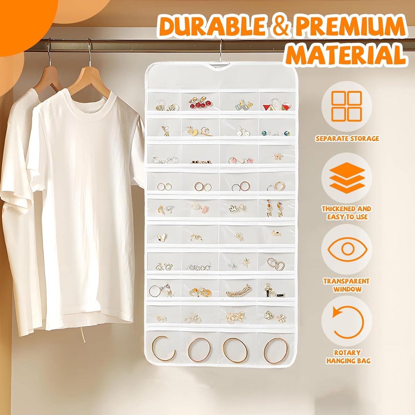 80 Pockets Hanging Jewelry Organizer, Double-Sided White Closet Jewelry Holder for Space-Saving Storage of Earrings, Rings, Bracelets and Small Accessories