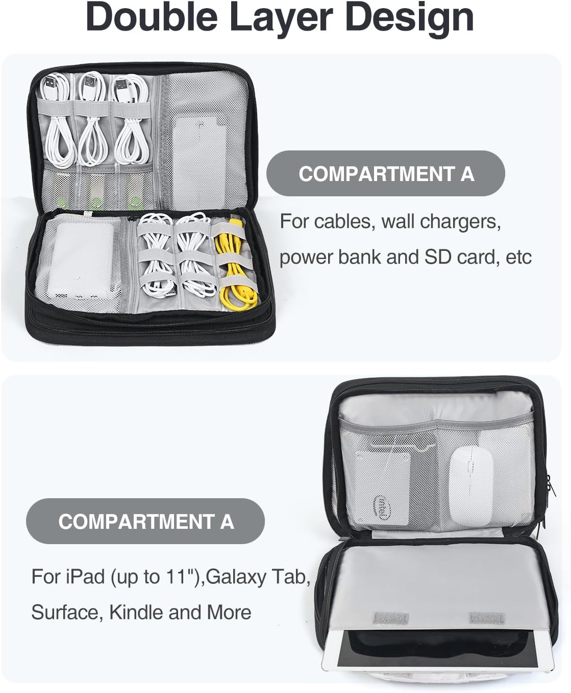 Luxtude Travel Cord Organizer Case, Electronic Organizer Travel Case Large, Portable Cable Organizers Bag, Flat Tech Bag for Cable Storage/Cord Storage/iPad Pro(up to 11")/Wall Charger/Electronics
